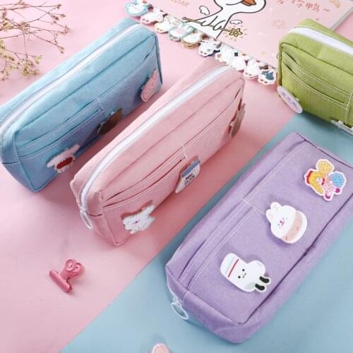 Kawaii Large Pencil Case Stationery Storage Bags Canvas Pencil Bag Cute Makeup Bag School Supplies for Girl Kids Gift w/ Badge