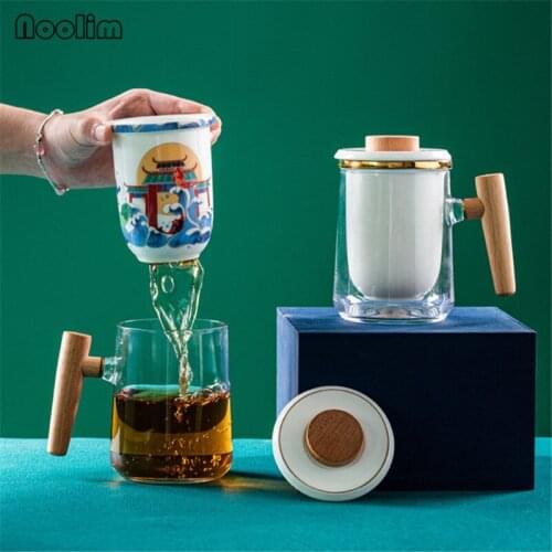 High Borosilicate Glass Tea Water Separation Cup with Ceramic Filter and Wood Handle Office Teacups Coffee Mug Drinkware 360ML