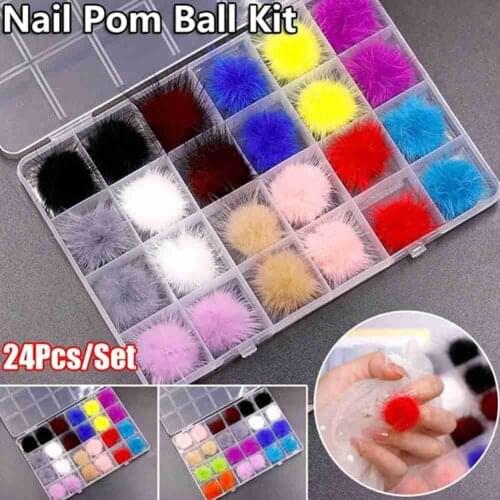 Summer Nails Accessories 24Pcs/Box Detachable Ball Fluffy 12 Colors Puffy Pom Punch Kit Manicure Accessories DIY Nails Charmsh