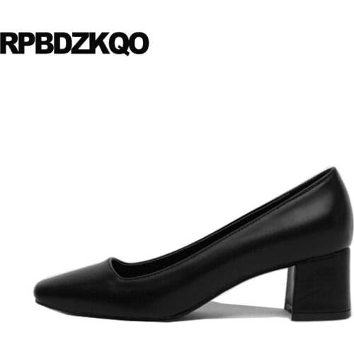 Chunky court black work shoes women leather medium heels high size 33 office 4 34 3 inch pumps wine red formal square toe 2018