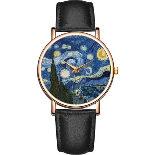 New Fashion Women Watch Top Brand Van Goghs Starry Sky Men Watches Leather Strap Quartz Clock Couple Gift Reloj Mujer Hombre
