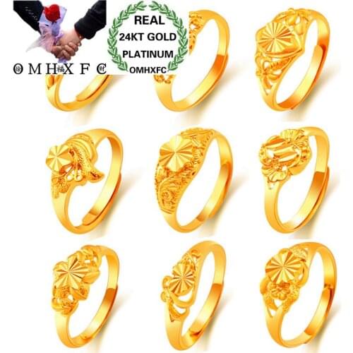 OMHXFC Wholesale European Fashion Woman Party Birthday Wedding Gift Vintage Flower Heart Resizable 24KT Real Gold Ring RI141