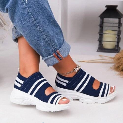 Canvas Women Sandals 2021 Platform Women Shoes Summer Casual Female Sneakers Knitting Slip On Peep Toe Stripred Women Sandals