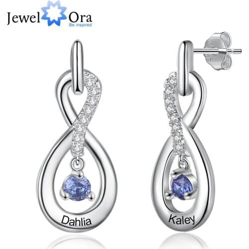 JewelOra Personalized Gifts Silver Color Infinity Name Earrings Customized DIY Birthstone Engraved Drop Earrings for Women