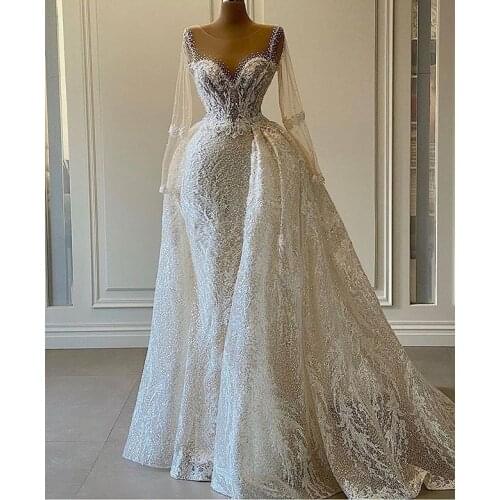 Luxury Mermaid Beaded Wedding Dress for Bride 2021 Sheer Long Sleeves African Women Bling Sequin Bridal Ball Gowns Plus Size