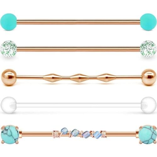 14g Industrial Barbell Stone Industrial Piercing Surgical Steel Cartilage Earrings 1 1/2"(38mm) Bar Length