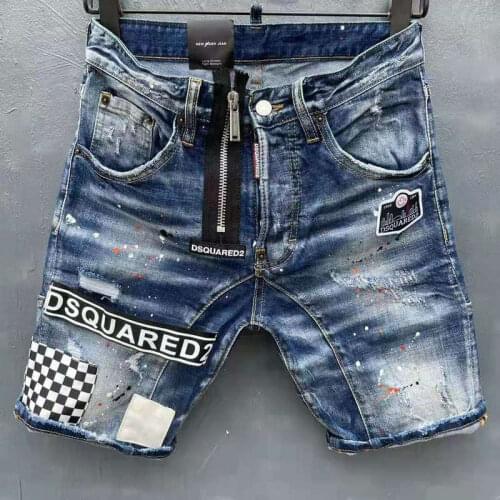 Drop shipping DSQ2 Denim Shorts Fashion Hole Patch Broken Ink Paint Slim Slightly Elastic Blue Letter dsquared2 Shorts jeans