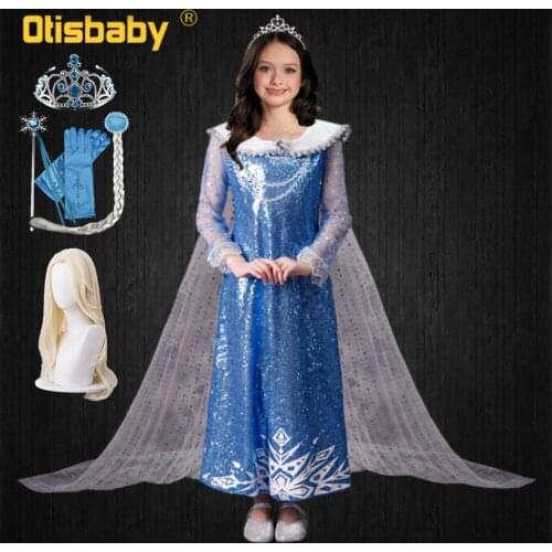 Christmas Girls Elsa Dress Squins Glitter Elegant Dresses Childrens Evening Dress Long Tails Gown Snow Queen Costume Halloween