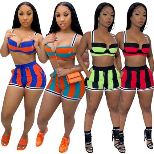 S-3xl plus size two piece set women clothong summer 2021 stripe halter top and shorts set Wholesale Dropshipping