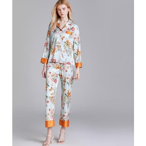 Women Pajama Set Two Pieces Print Long Sleeves Loungewear Fashion Floral Turn-down Collar Summer Thin Silk Sleepwear Set Pijama