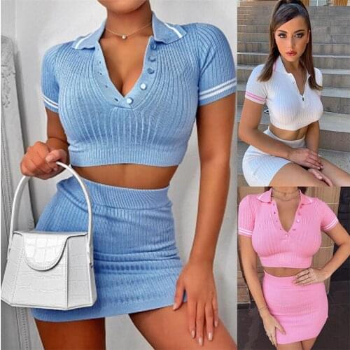 Knitted Summer Two Piece Set for Woman Fairy Short Sleeve Polo Shirt +High Waist Elastic Mini Skirt Female Outfits Hot