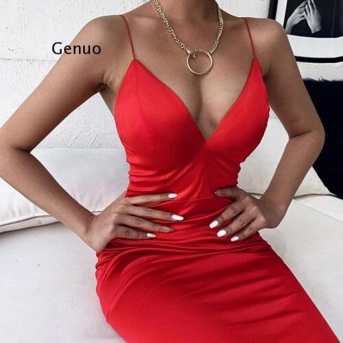 Elegant Satin Dresses for Women Solid Red Black Midi Dress 2020 Fashion Winter V-Neck Ladies Christmas Dress Party Night