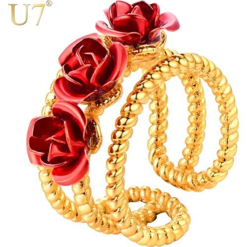 U7 3D Adjustable Rsoe Flower Rings for Women Girls Wedding Engagement Party Gifts Open Ring Charming Elegant Jewelry R1021