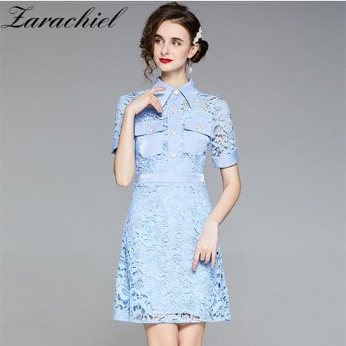 2021 Summer Blue Fower Hollow Out Water-Soluble Lace Dress Women Elegant Diamonds Buckle Buttons Pocket Shirt Collar Mini Dress