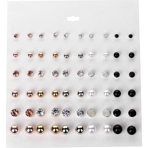 30Pairs/Lot Ball Alloy Crystal Pearl Stud Earrings Set For Women Vintage Punk Simple Design Brincos Mixed Jewelry Bijoux