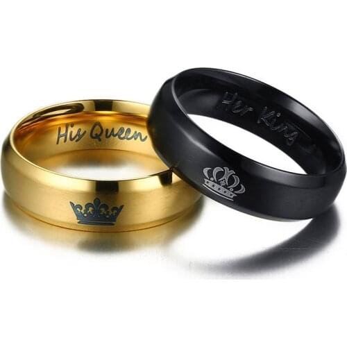 Beichong Fashion DIY Her King and His Queen Gold Black Stainless Steel Wedding Rings for Women Men Couple