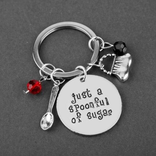 Keychain Jewelry Metal Pendant Key Chain Mini Spoon Bag Round Tag Engraved "just a spoonful of sugar" Mary Poppins Keyring Gifts