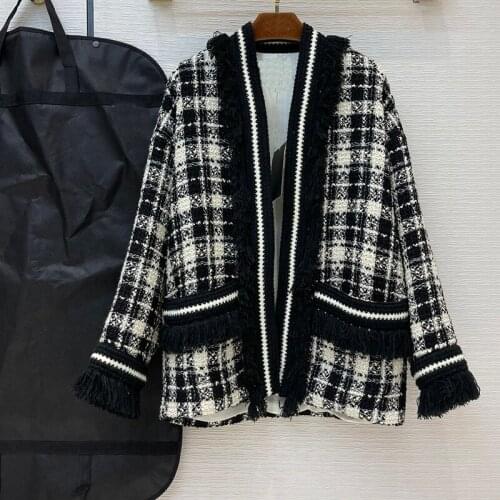 Brand Jacket Women High Quality Tweed Tassel Long Sleeve Ropa Mujer Plaid Two Pockets Cardigan Vintage Coat Lady Women Blazer