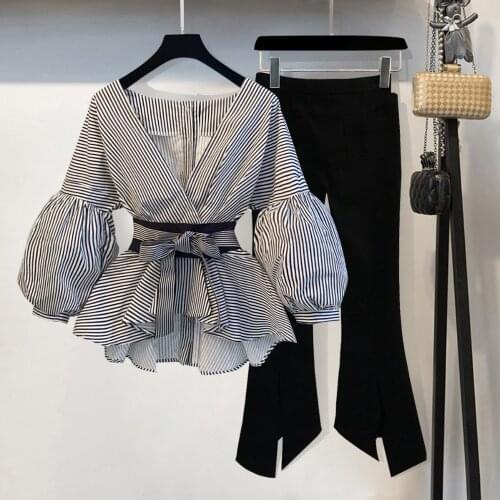 2020 Spring Summer Women 2 Piece Set Sexy V Neck Lantern Sleeve Striped Blouse Bow Tie Shirt Top Split Pencil Flare Pant Suit