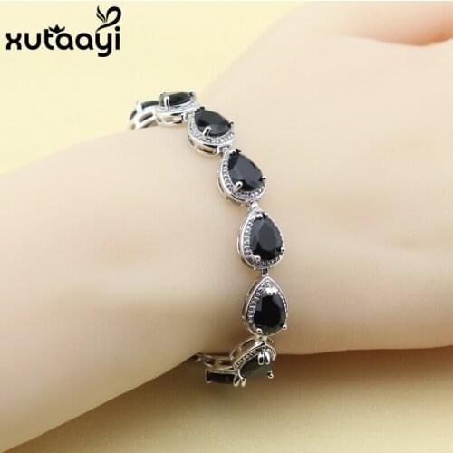 Hot Sell Silver colorColor Jewelry For Women Water Drop Black Cubic Zirconia Fashion Link Chain Bracelets Length 18+2cm Free Box