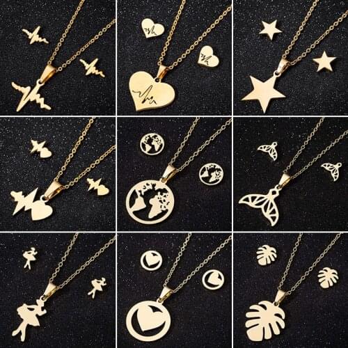 Cute Heartbeat Gold Jewelry Sets for Women Stainless Steel Ballet Star Leaf Heart Pendant Necklace Earrings Set Best Friends Gif