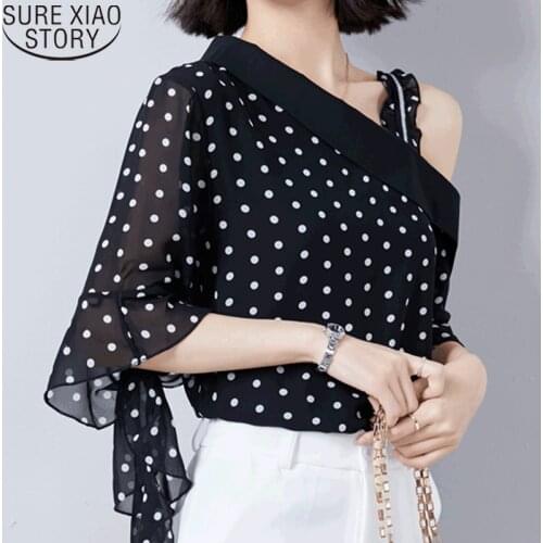 2021 Summer New Off-the-shoulder Polka Dot Blouse Women Sling Tops Korean Vintage Female Blusas Bow Short Sleeve Shirt 14487