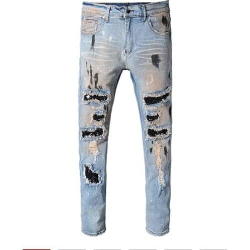 New Mens male vintage holes rivet patch slim skinny ripped jeans Casual trendy painted distressed denim beggar pants trousers