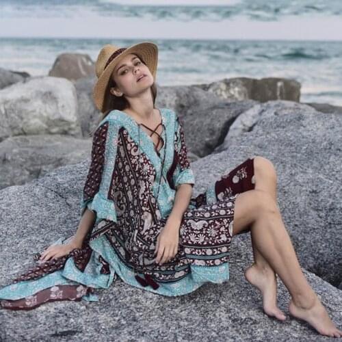V-neck Beach loose Dress Bohemian Maxi dress Plaid pattern Chic designer 2020 Fashion magzine Caftan high Split Women Kaftan