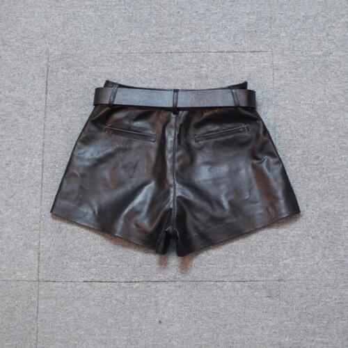 New Fashion Women Punk Black Sheepskin Genuine Leather Wide Leg Short Trousers Belted Slim Fit Casual Motor Biker Female Shorts