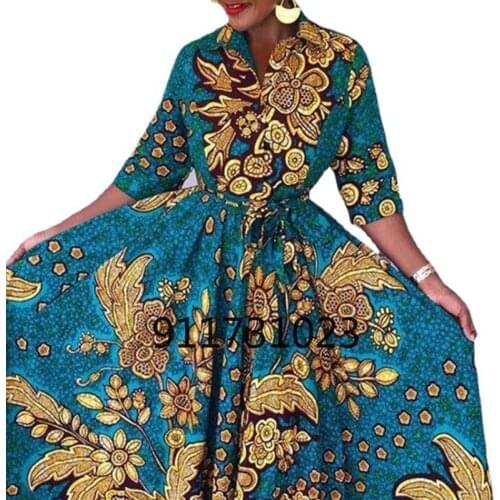 Blue African Dresses for Women 2021 African Women V-neck Short Sleeve Printing Plus Size Long Dress African Clothes