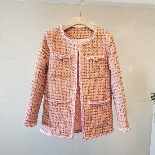 Vintage Pink Plaid Tweed Jacket Women Design Buttons O-Neck Long Sleeve Autumn Winter Jacket Elegant Coat Bomber Harajuku B592