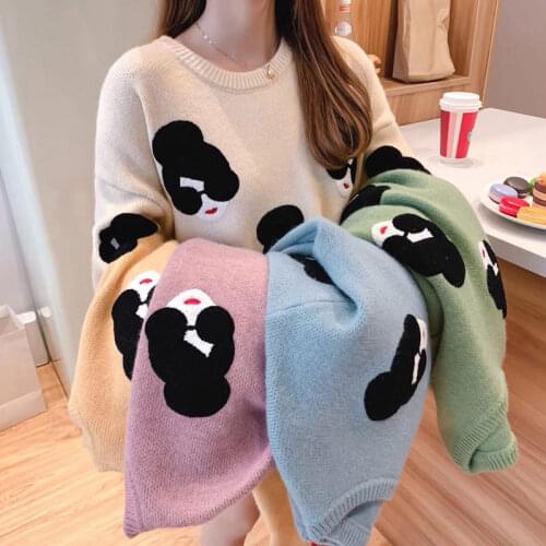 Knitted Cartoon Printed Womens Sweater Loose Warm O-Neck Female Pullovers 2021 Girl Winter Korean School Korean Ladies Sweaters