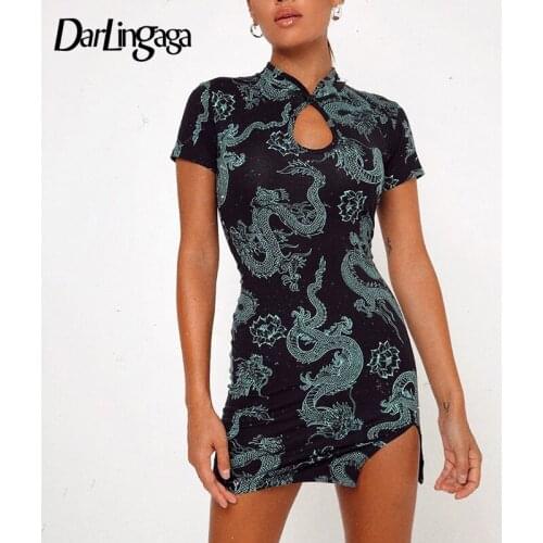 Darlingaga Chinese Style Dragon Print Summer Dress 2020 Elegant Cheongsam Bodycon Party Dress Sundress Elegant Women Dresses New