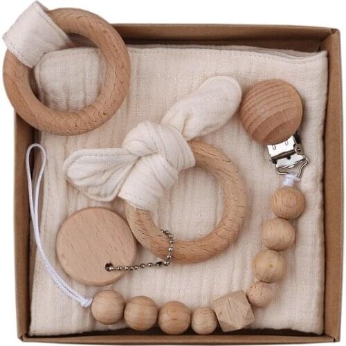 1 Set Pacifier Clips Chain Cotton Baby Bibs Teether Saliva Towel Pacifier Chain Bunny Ear Wooden Baby Gym Ring Teething Bracelet