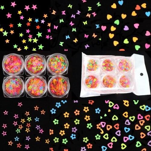 6Pcs/Set Neon Confetti Glitter Flakes Star Flower Heart Shaped Chunky Sequins Fluorescent Paillette UV Gel 3D Nail Accessories