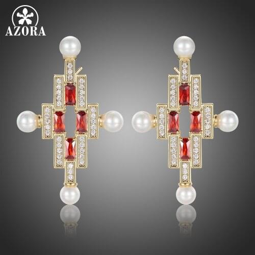 AZORA Cute Cross Pearl Stud Earrings for Women Dating Party Luxury Red Cubic Zirconia Exquisite Female Jewelry Pendientes TE0387