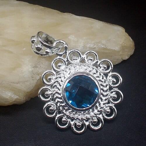 Gemstonefactory Jewelry Big Promotion 925 Silver Round Shape Blue Topaz Women Ladies Mom Gifts Necklace Pendant 20213857