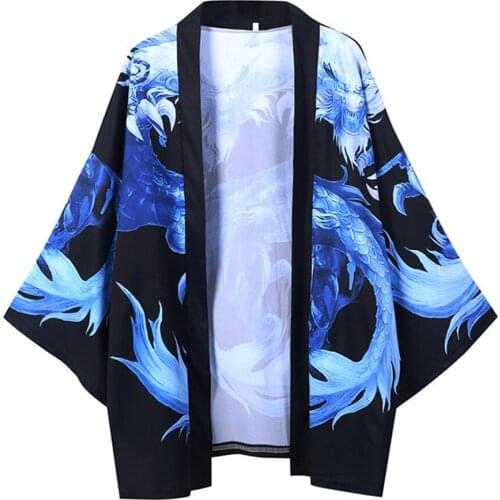 Japanese Kimono Robe Chinese Dragon Print Fashion Mens Kimono Cardigan Oversized Shirt Printed Shirt Hip-hop Streetwear
