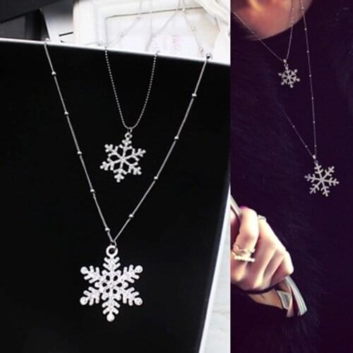 Fashion Gold Rhinestone Snowflake Pendant Long Chian Necklace Sweater Chain Double Layers Necklace & Pendant Cheap Marketing