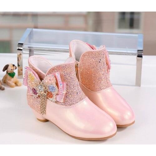New Winter Girls High Heel Boots Little Girl Elsa Princess Fashion Boots Beads Bow Warm Design Children Snow Boots