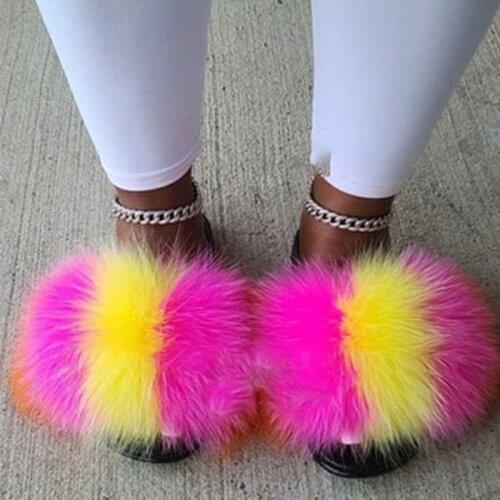 New Arrival Women Fashion Fluffy Fur Slippers Ladies Plush Warm Fur Slides Girls Magical Colorful Fur Flat Shoes Wholesale Hot