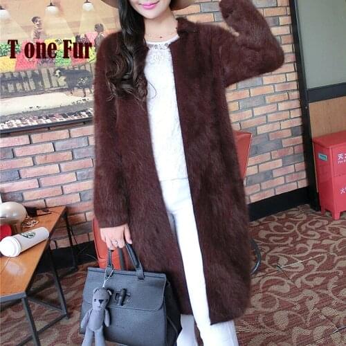 2019 100% Pure Mink Cashmere Long Coat Lady Fashion Real Mink Cashmere Nature Fur Jacket Wholesale OEM Sweater KFP941