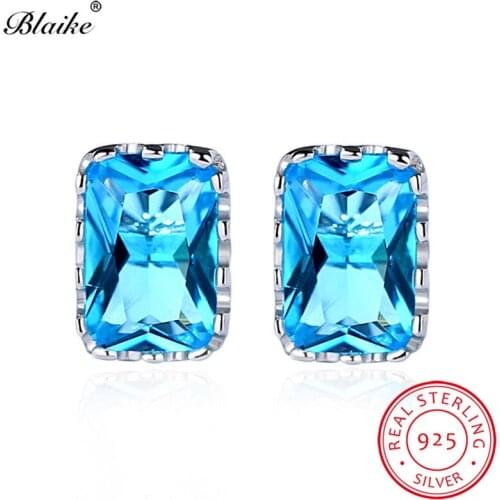 Blaike Real 925 Sterling Silver Aquamarine Birthstone Stud Earrings For Women Lake Blue Austrian Crystal Square Earrings Jewelry