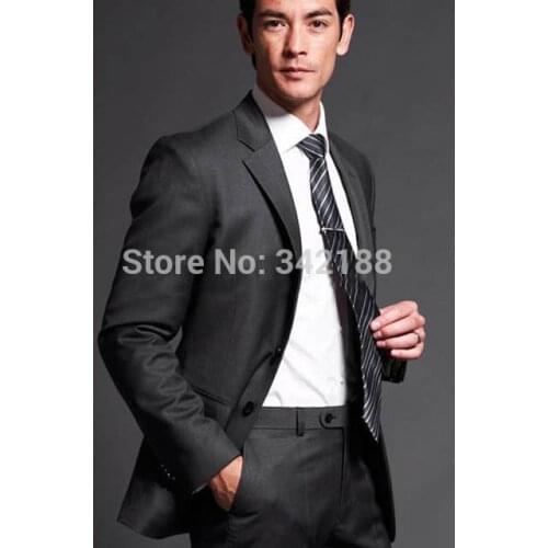DISCOUNT! Custom Made Side Slit Charcoal Grey Groom Tuxedos/Notch Lapel Best Man Groomsmen Men Wedding Suits/cheap groom tuxedow