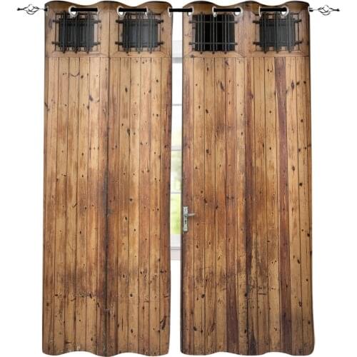 Vintage Farm Wood Door Rustic Printed Window Curtains Living Room Bedroom Curtains Polyester Cloth Home Decor