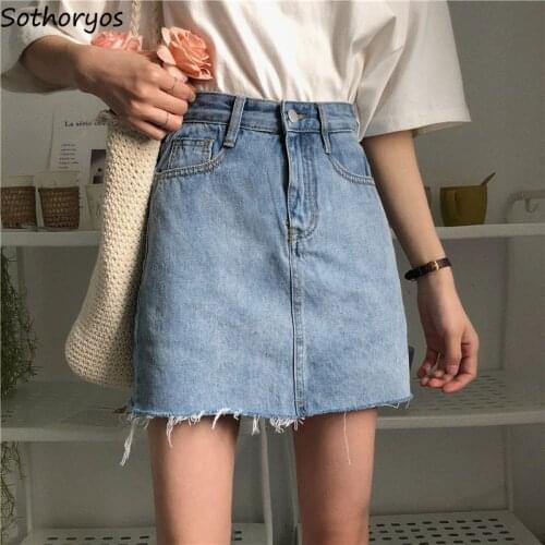 Skirts Women Solid Chic Retro Simple Trendy Leisure Distressed Fur-line Denim Vintage Elegant Streetwear Lovely Empire Slim Cool