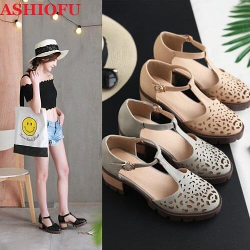 ASHIOFU Handmade New Hot Style Womens 6.5cm Block Heel Sandals T-strap Breathable Summer Shoes Daily Wear Fashion Sandals Shoes