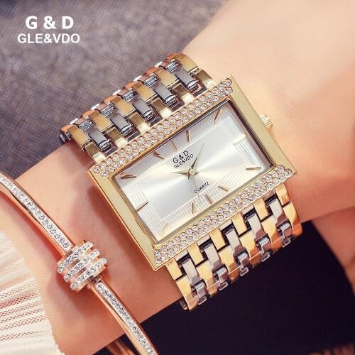 G&D Brand Women Watches Fashion Rectangle Case Quartz Clock Luxury Crystal Golden Bracelet Wristwatch Ladies Watch
