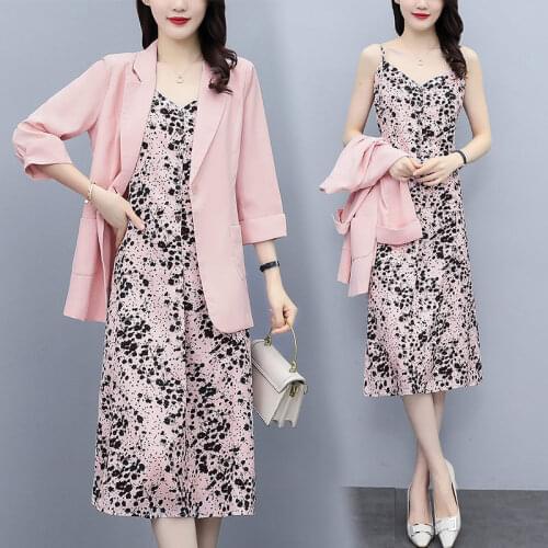 Office Lady Floral Print Spaghetti Strap Dress Suits Women Fashion 3/4 Sleeve Blazer Jacket Spring Elegant 2 Piece Set zh1374