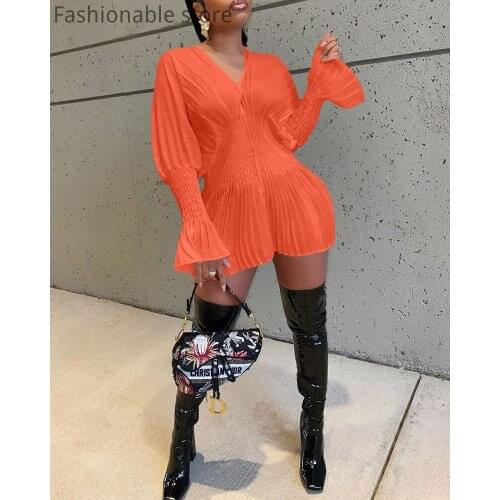 Plus Size Women Solid Color V-Neck Flare Sleeve Shirring Detail Casual Pleated Dress